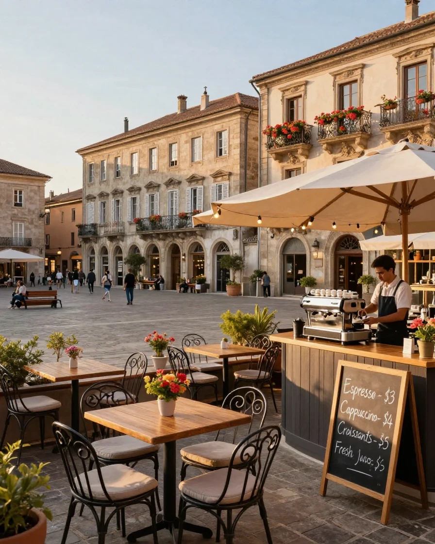 A rooftop cafe overlooking a historic European square