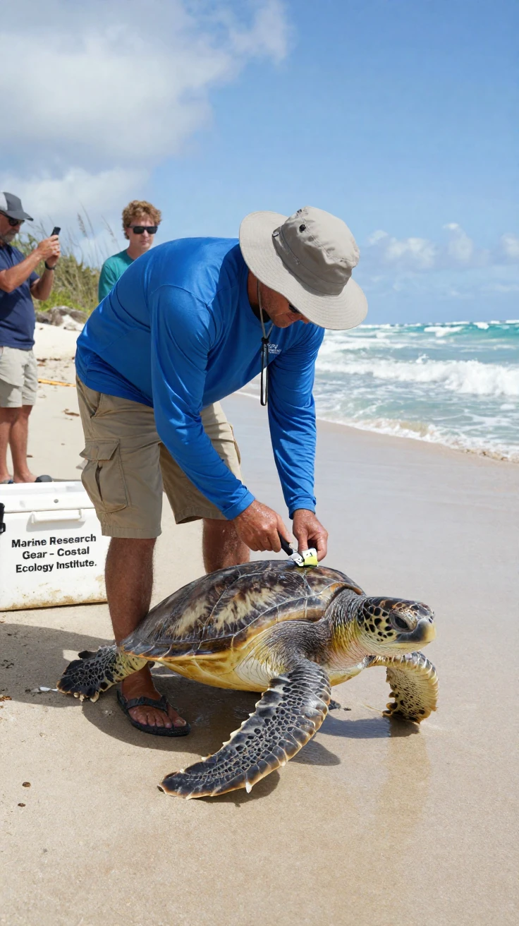 A marine biologist tags a sea turtle before releasing it back into the surf.