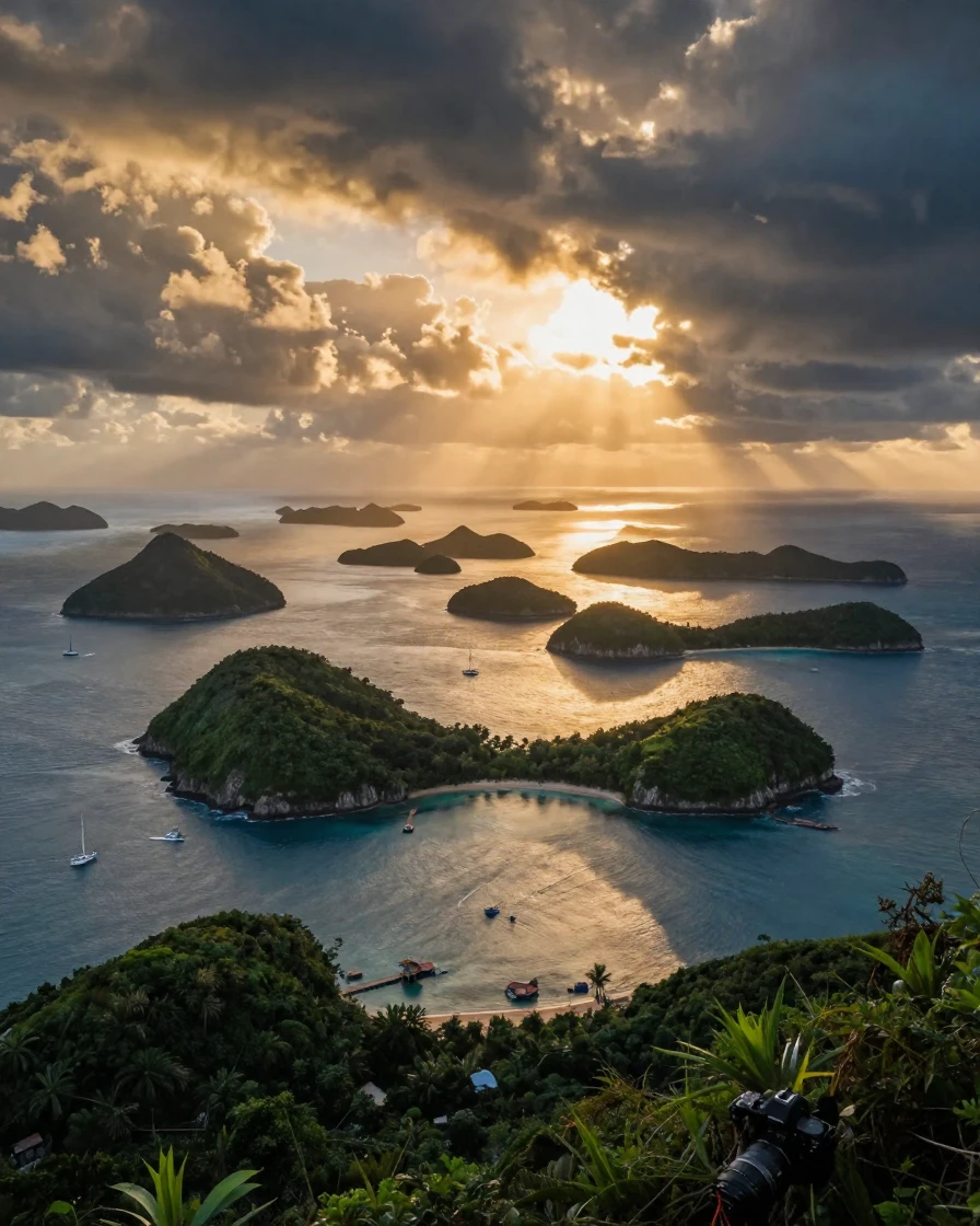 A vast archipelago of islands spread out beneath a dramatic sky