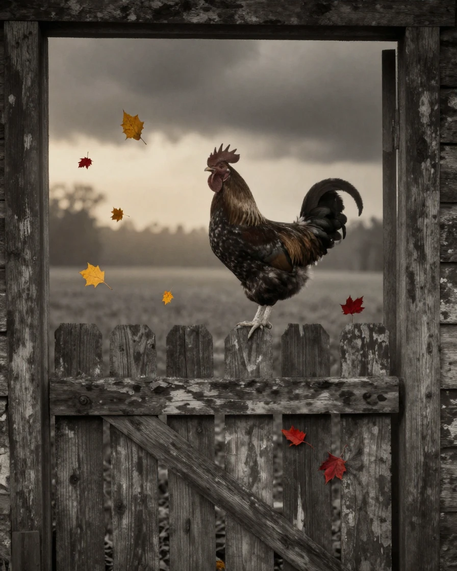 A rooster crowing atop a weathered wooden fence at dawn, in gentle diffused daylight, under a darkening storm sky, as autumn leaves turn gold and red, with stark black-and-white contrast softened by a single warm hue, framed through an open doorway.