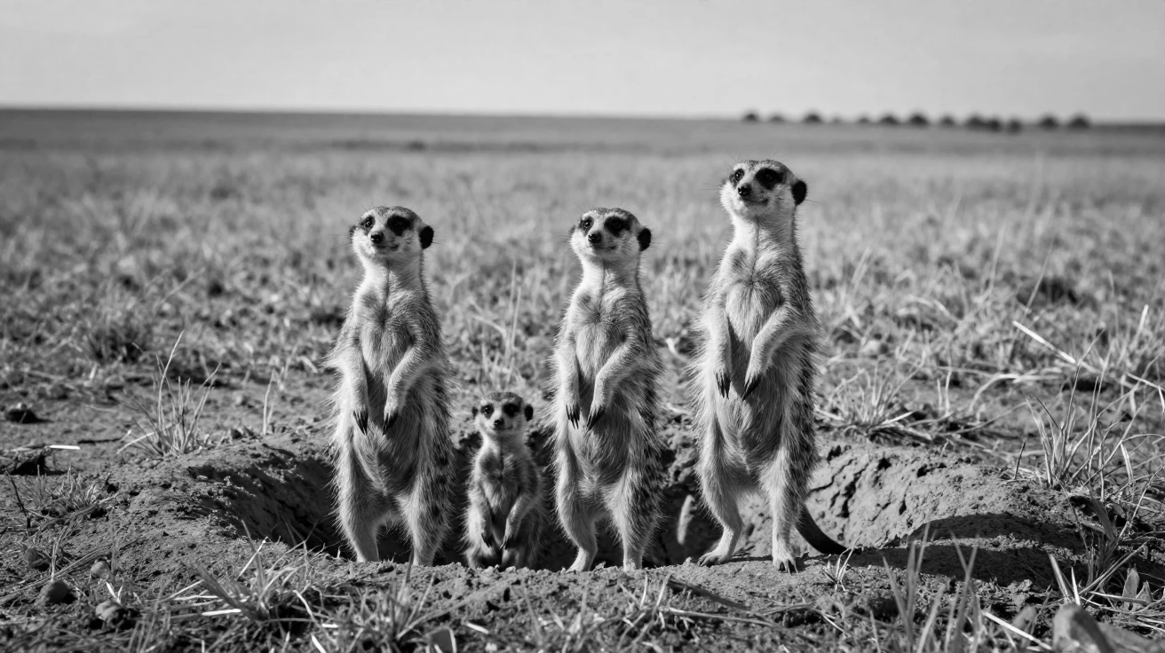 A family of meerkats stands guard over its burrow across sunbaked grasslands.