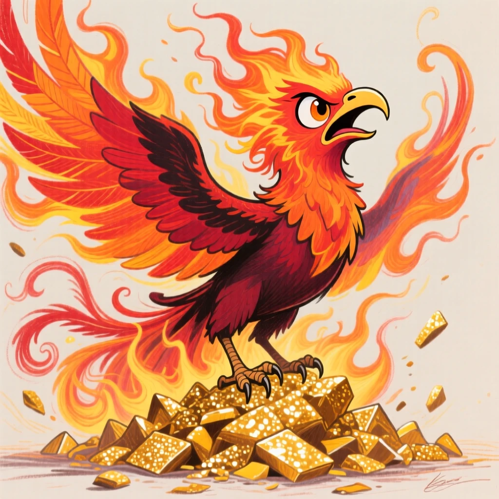 A phoenix bursting into flame and rising anew from a pile of golden ash.