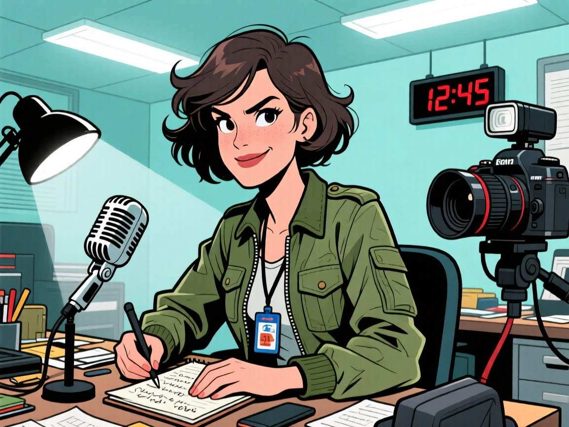 A vibrant profession-themed portrait of a bold war correspondent hard at work with total focus and a hint of a smile, under bright overhead lights.