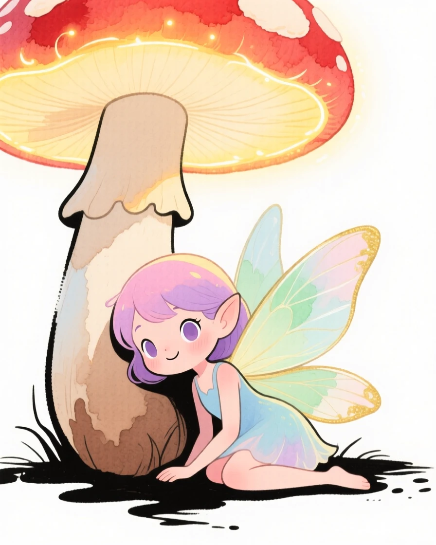 A graceful fairy resting beneath a giant glowing mushroom