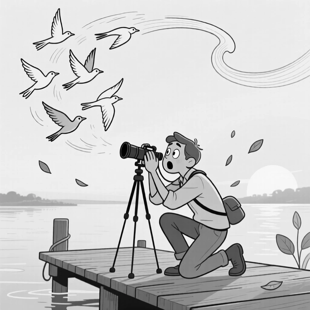 A birdwatcher startled by a sudden flock taking flight, crouching low as the wave curls overhead, set on a quiet dock at golden hour. A gentle breeze sends more leaves fluttering down. There's a fresh, playful energy woven through the moment.