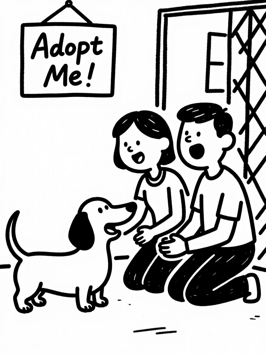 A dachshund getting adopted from a shelter, tail wagging as a new family kneels to greet it.