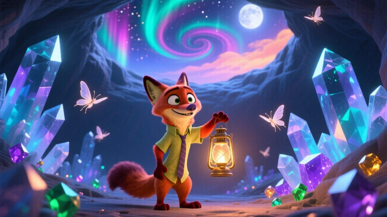A talking fox with a lantern stands inside a crystal cave lit by glowing gems, painting the sky with swirling colors. A quiet magic hums softly throughout the scene, with delicate wings catching the moonlight.