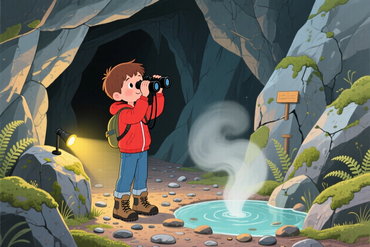 A boy with binoculars pauses while exploring a cave lit by a single flashlight in a rocky mountain trail, while a gentle mist rises from the water.