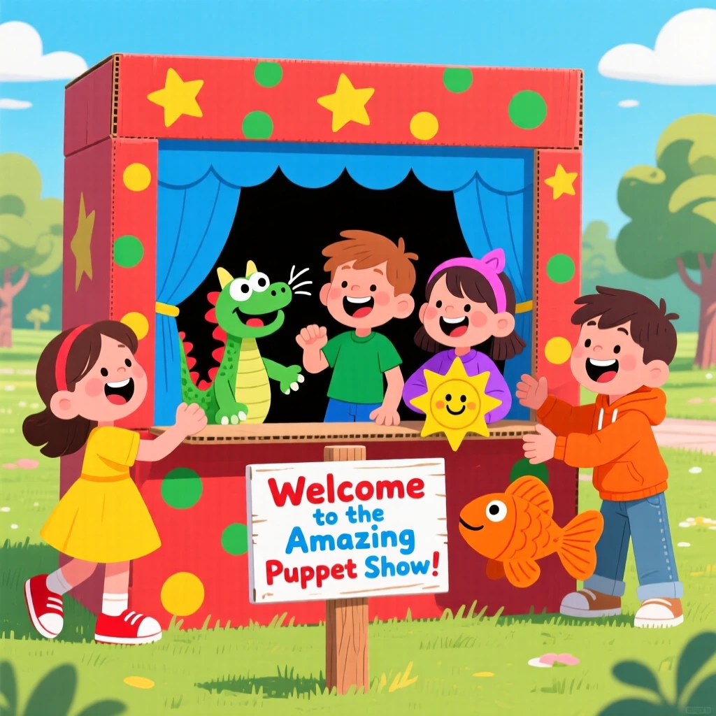 A group of kids putting on a puppet show behind a cardboard stage.