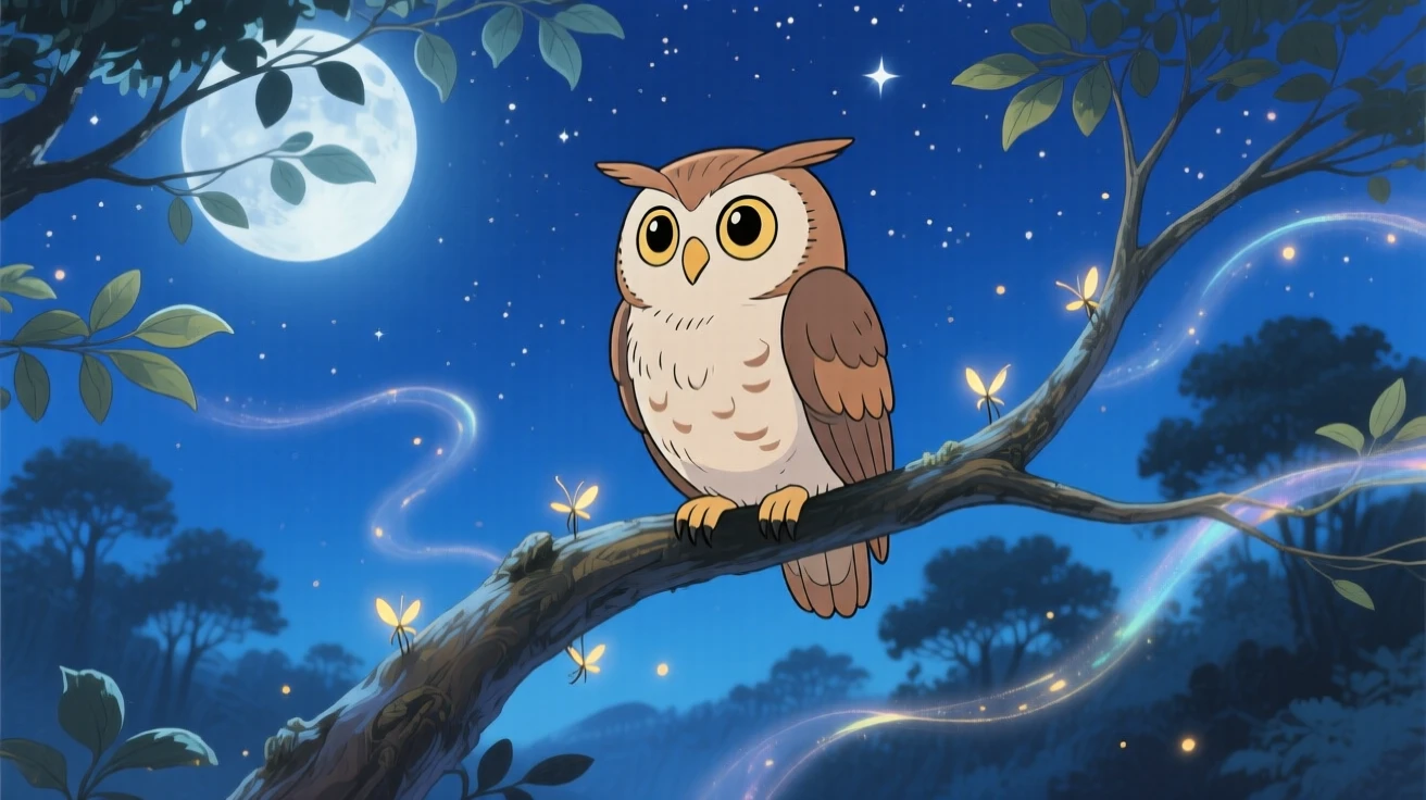 An owl perched on a moonlit branch, with a curious expression, ears perked up, radiating pure charm.