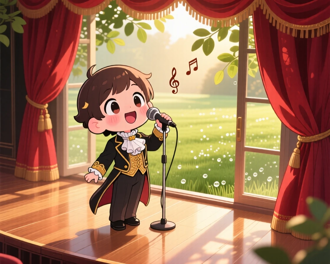 Over-the-shoulder view of a young opera singer, hitting a triumphant high note, in a grand velvet-curtained stage, as morning dew glistens on the grass, illuminated by warm morning light filtering through leaves, radiating warm affection.