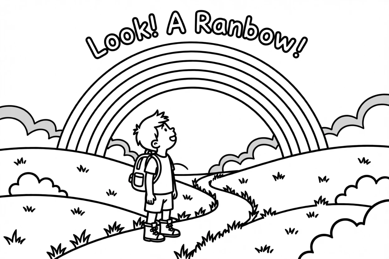 A child spotting a rainbow while hiking through misty hills