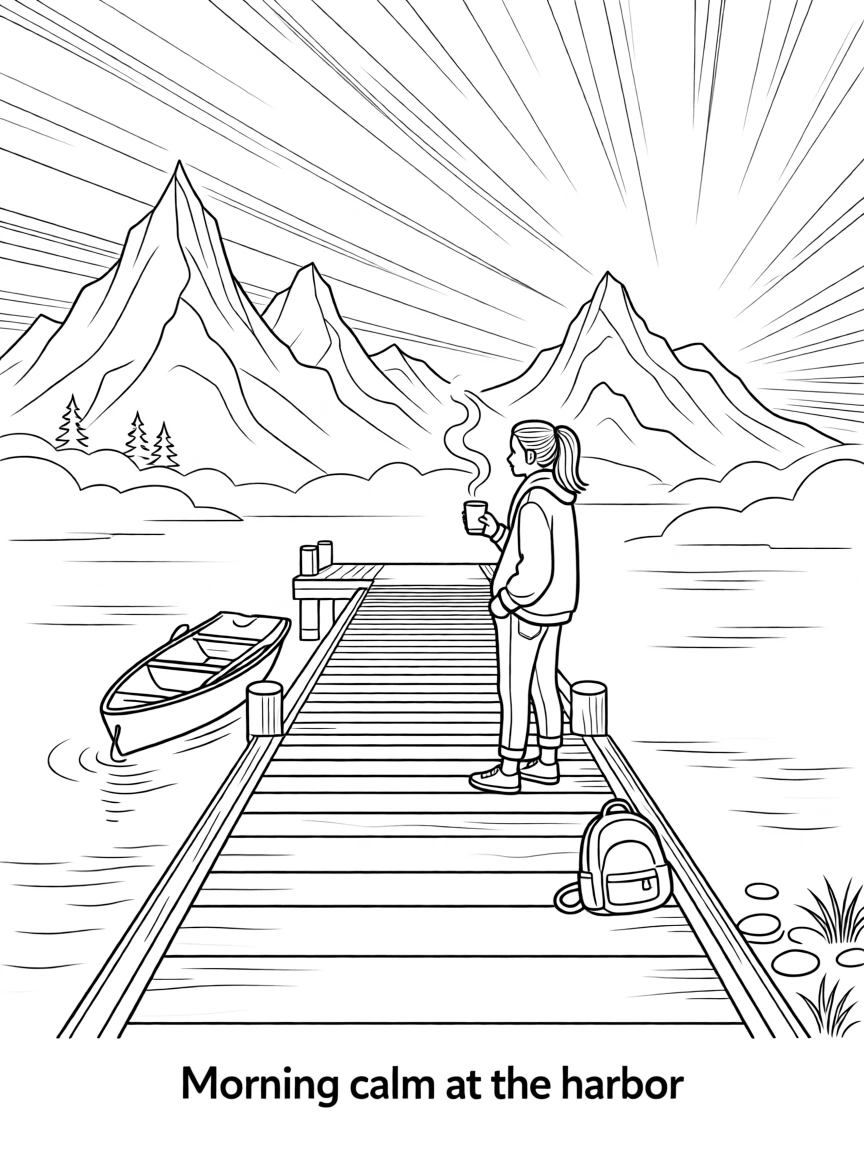 A foggy pier stretching into a still harbor at dawn, with jagged peaks rising in the background.
