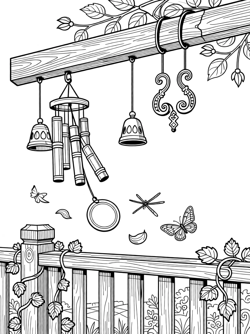A set of wind chimes hanging from a porch beam catching a breeze.