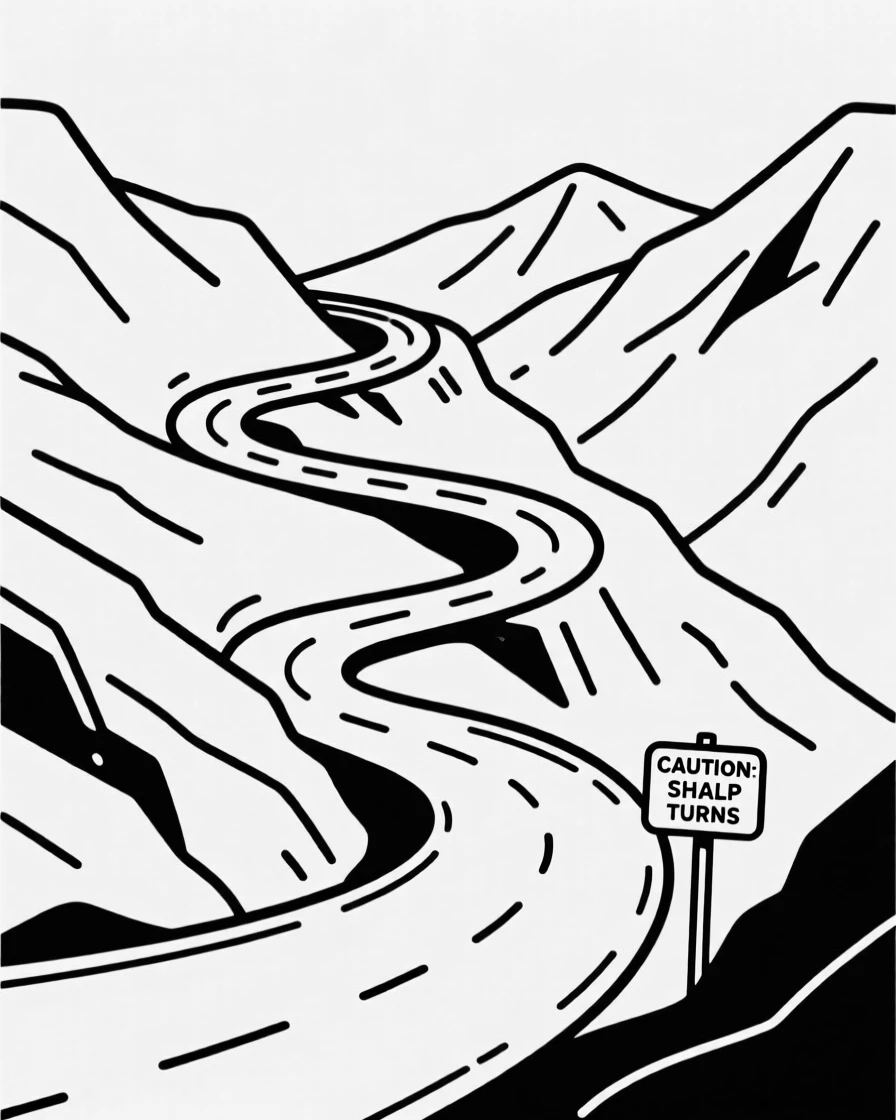 A scenic mountain pass road winding through switchbacks