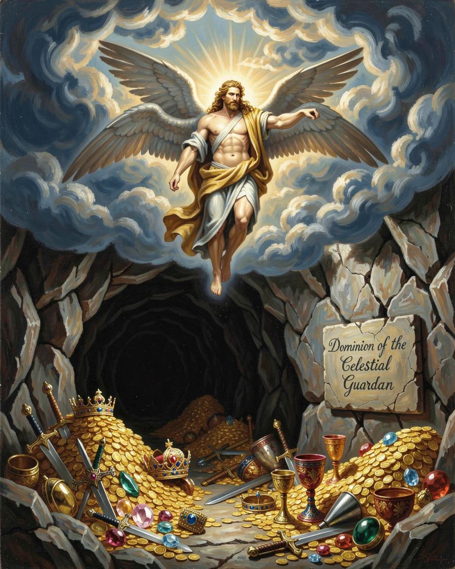 A god of the sky soars above a hoard of treasure deep in a mountain cave beneath a sky of swirling clouds.