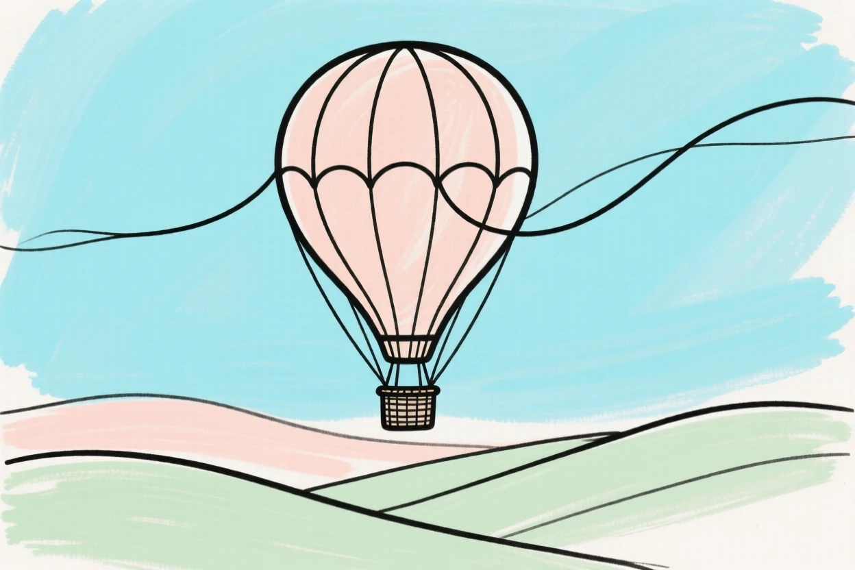 A hot air balloon drifting over a valley