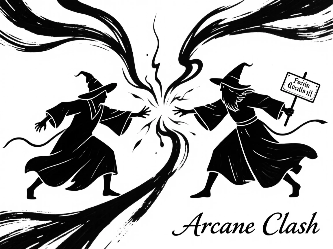 A wizard duel with colorful magic bolts clashing in midair.