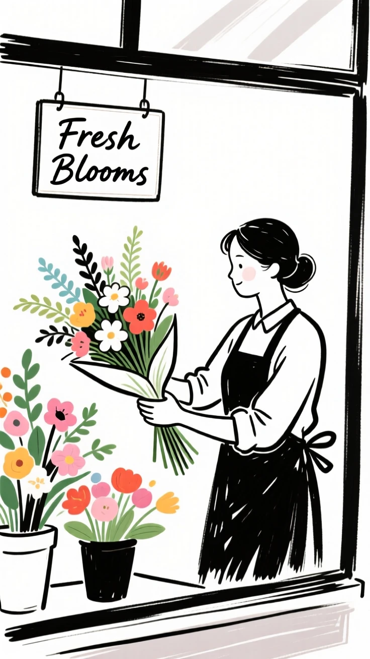 A florist arranging a bouquet of fresh flowers in a shop window.
