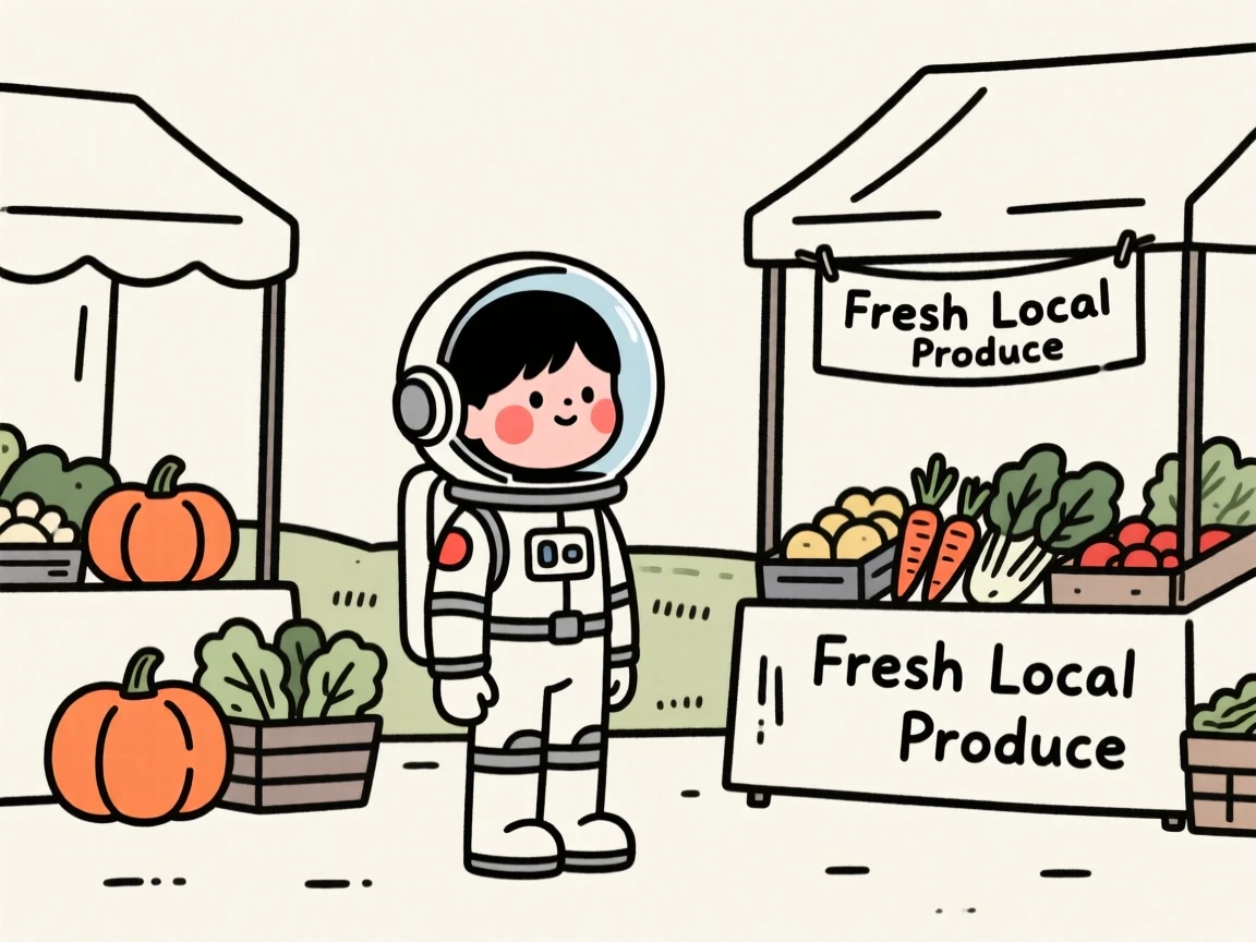 An astronaut in training, full of curious wonder, at a countryside farmers market.