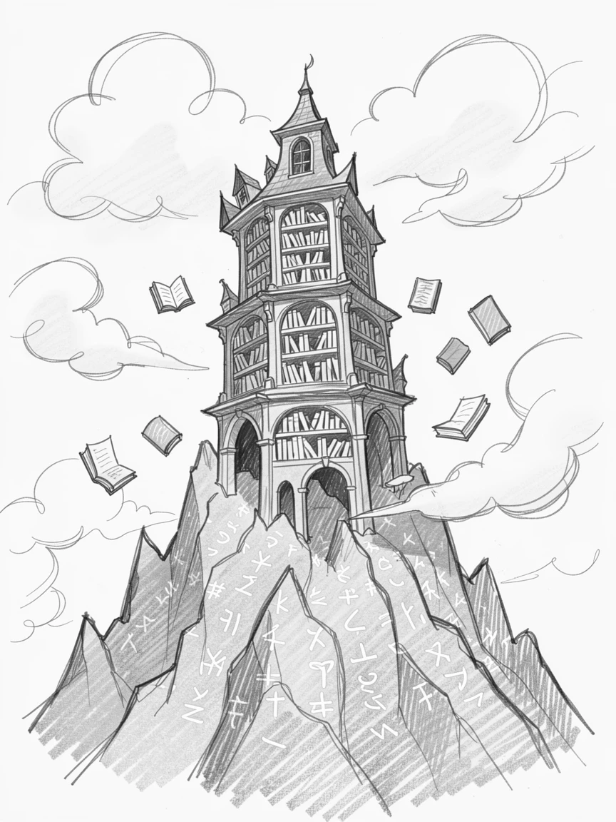 A magical, imaginative vision of an enchanted library with floating books atop a mountain pierced by clouds, with ancient runes glowing faintly on the ground.