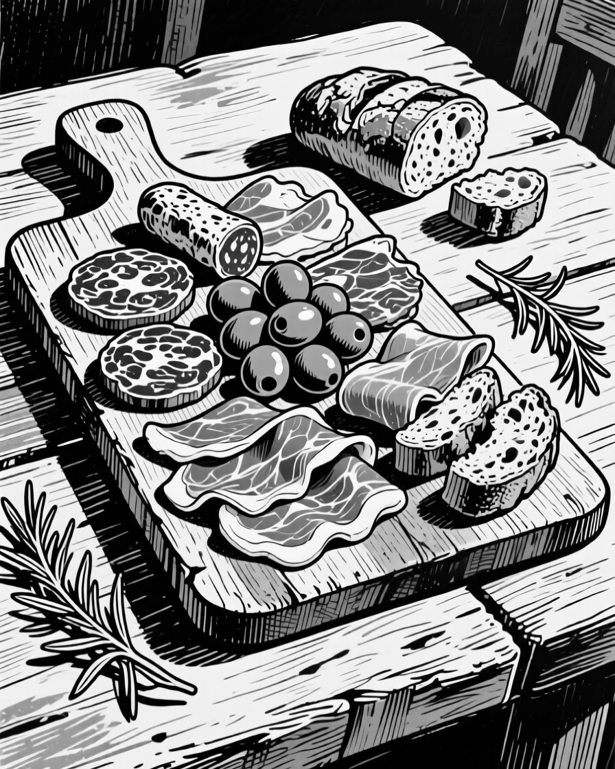 A rustic charcuterie board with cured meats, olives, and crusty bread.