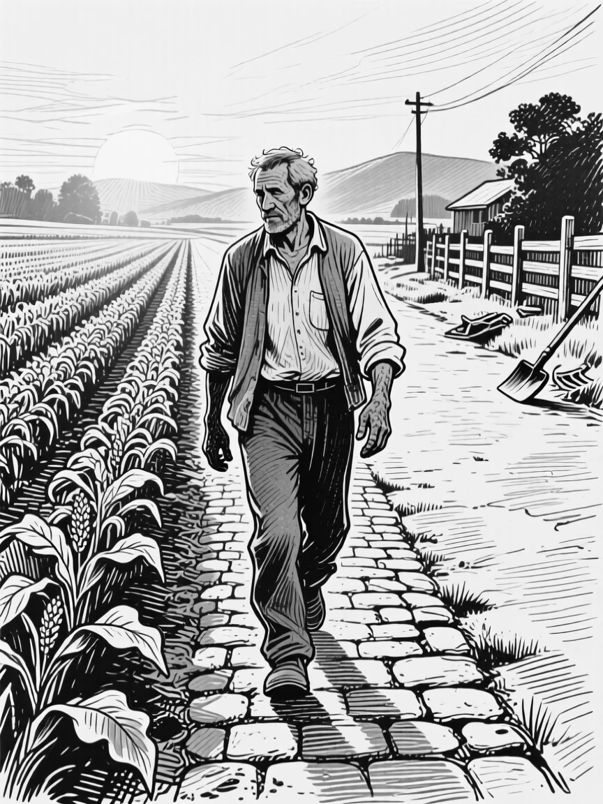 A farmer walking through rows of crops at dawn along a quiet cobblestone street, with soft light illuminating their faces, creating a warm and heartfelt lifestyle scene.