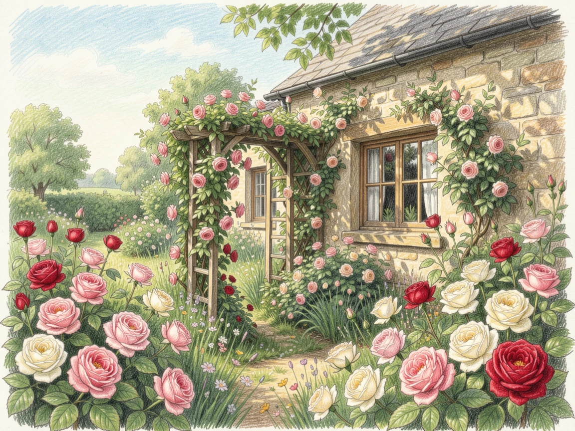 A rustic English countryside cottage garden bursting with roses, with a gentle play of light and shadow across the composition, perfect for anyone drawn to gentle, heartfelt imagery.