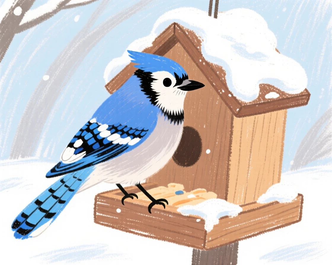 A blue jay perched on a snow dusted birdfeeder.