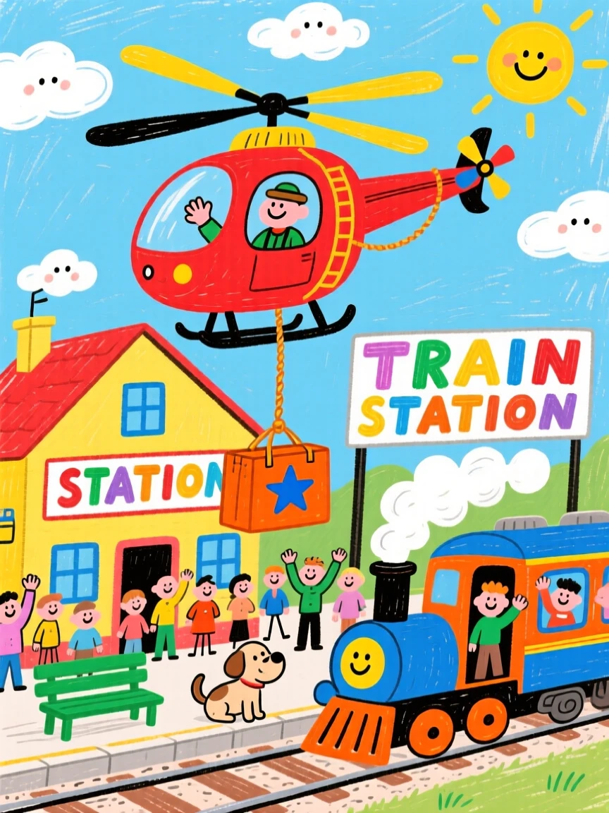 A nimble helicopter loading up at a bustling train station.
