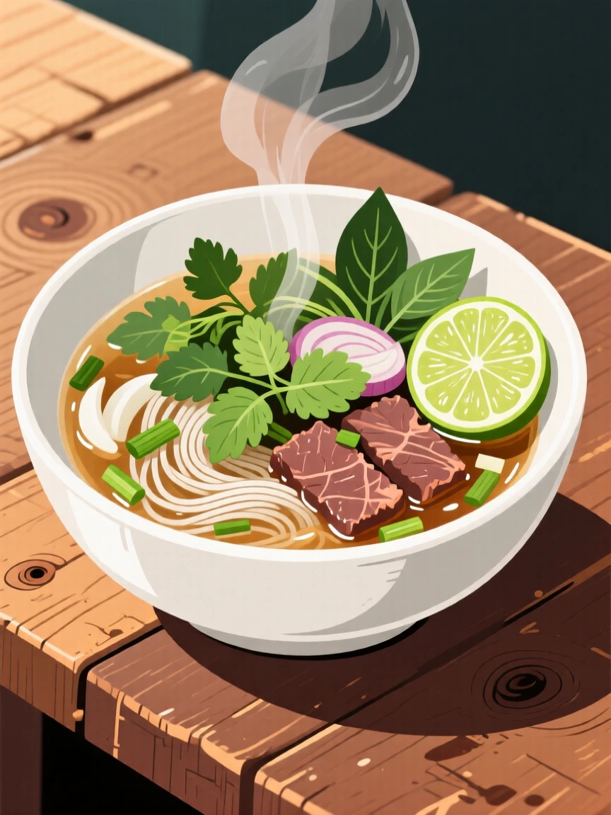 A bowl of vibrant pho topped with fresh herbs and lime, set on a rustic wooden table, shown from a slight angle to highlight layers, with glossy highlights that make the dish look freshly made.
