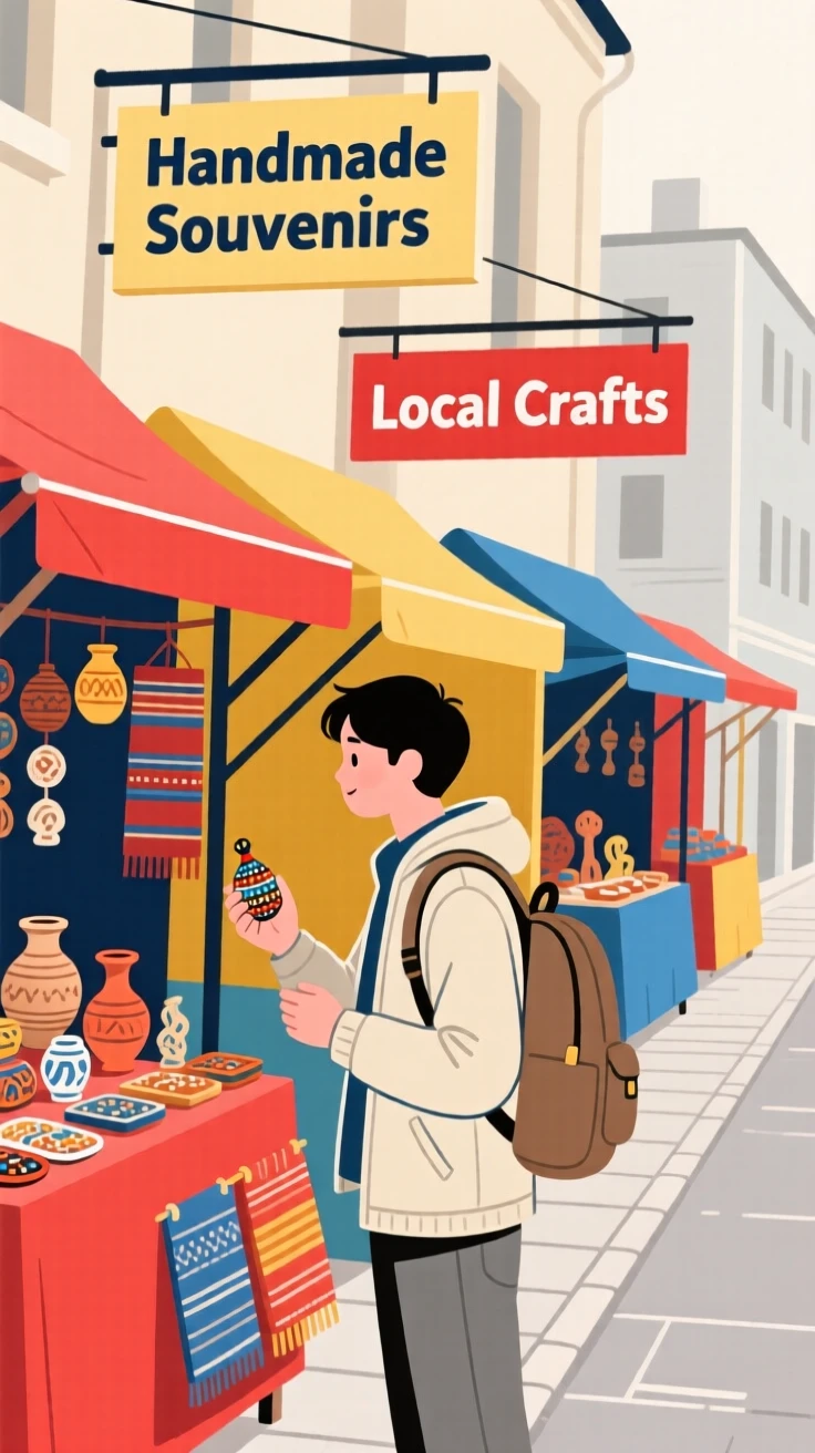 A traveler shopping for souvenirs near a colorful market street.