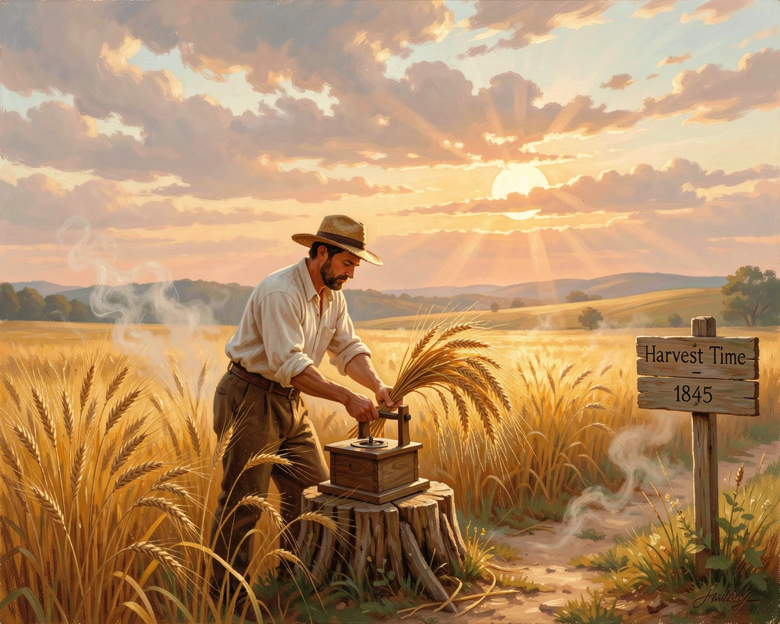 A farmer grinds grain beside a golden wheat field at harvest time as the sun rises over the fields.