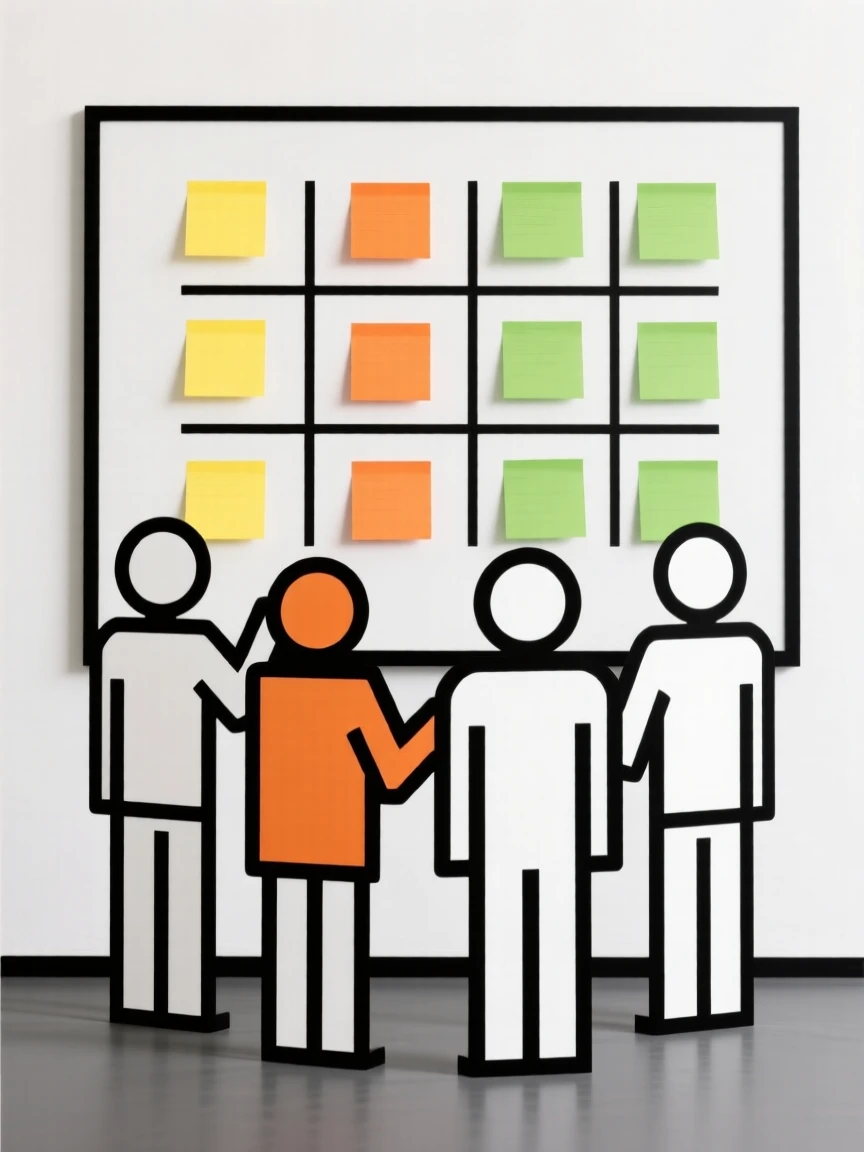 A team brainstorming with sticky notes on a wall