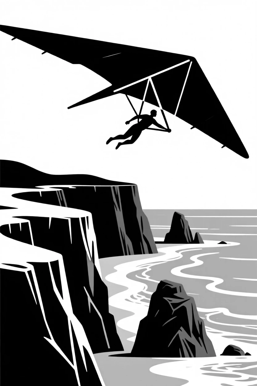 A hang glider soaring above coastal cliffs.