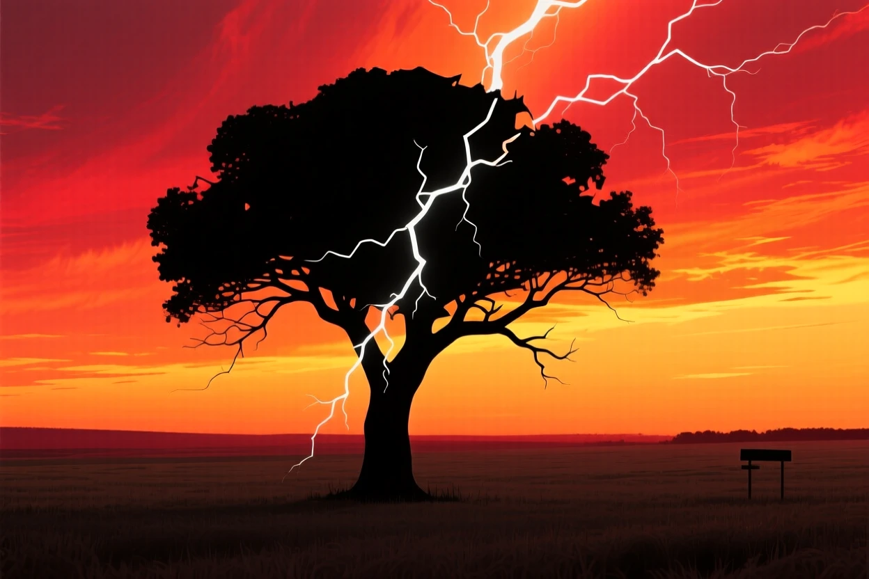 A single lightning-struck tree standing alone in an open field.
