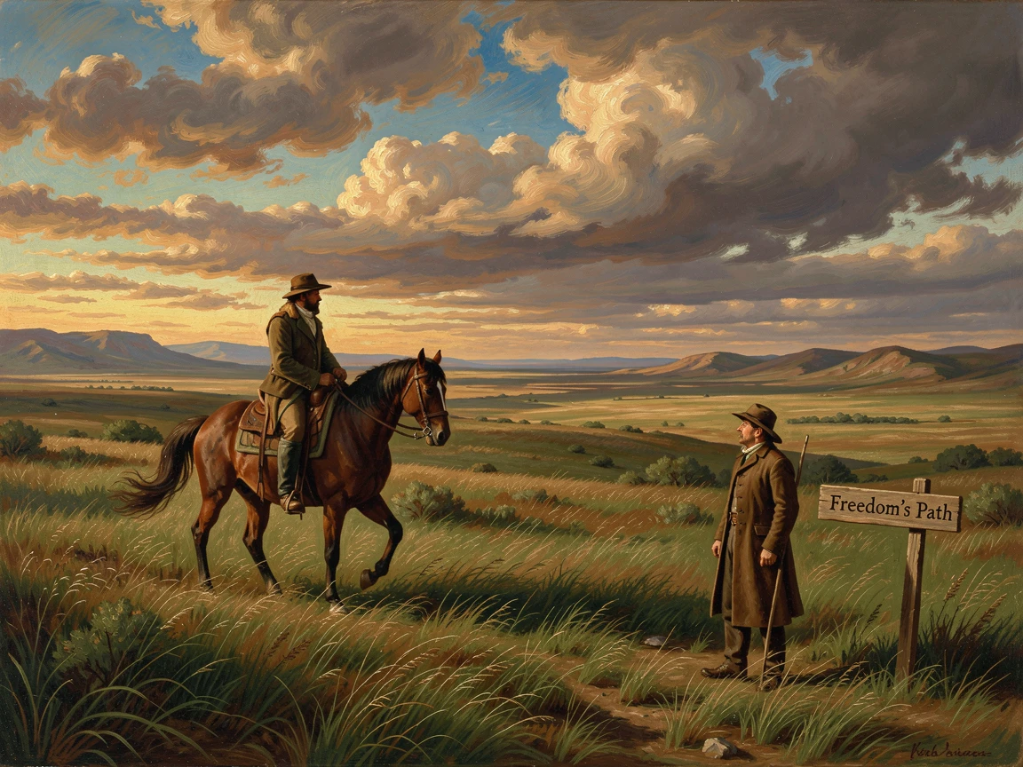 A vast plain where a lone rider crosses the grass, with a solitary traveler pausing to take in the view.