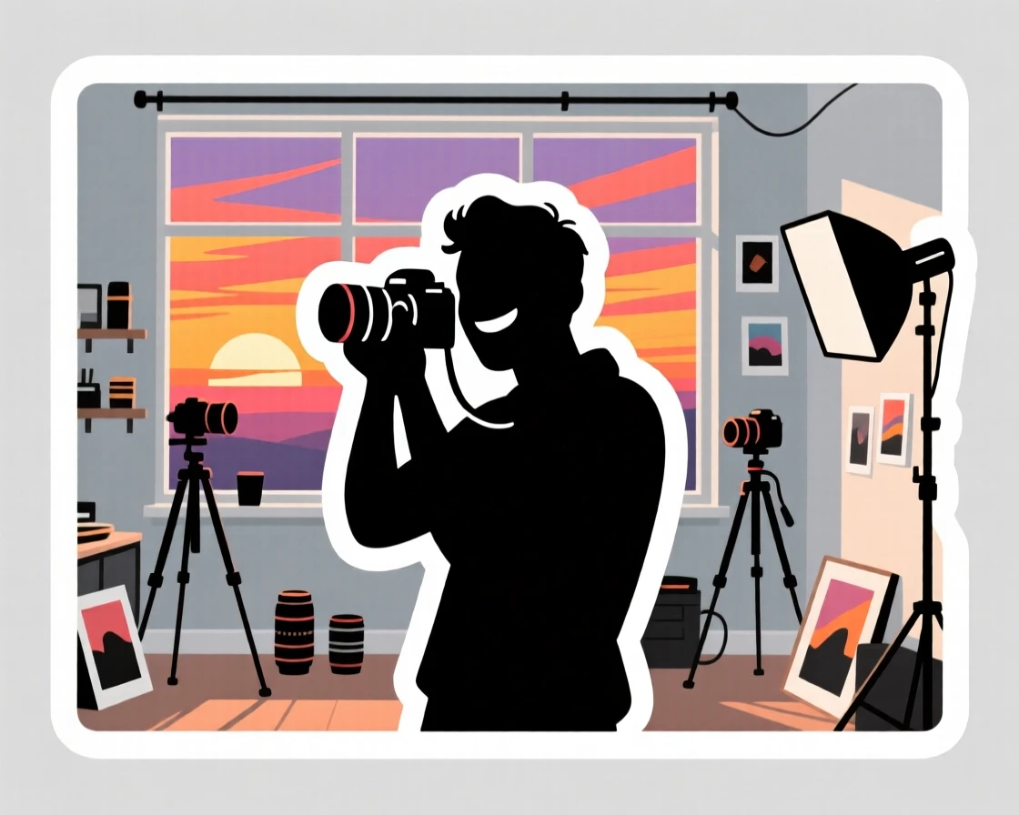 A beaming with excitement photographer snapping a photo of a sunset, with a warm smile of accomplishment, in a sunlit studio filled with supplies.