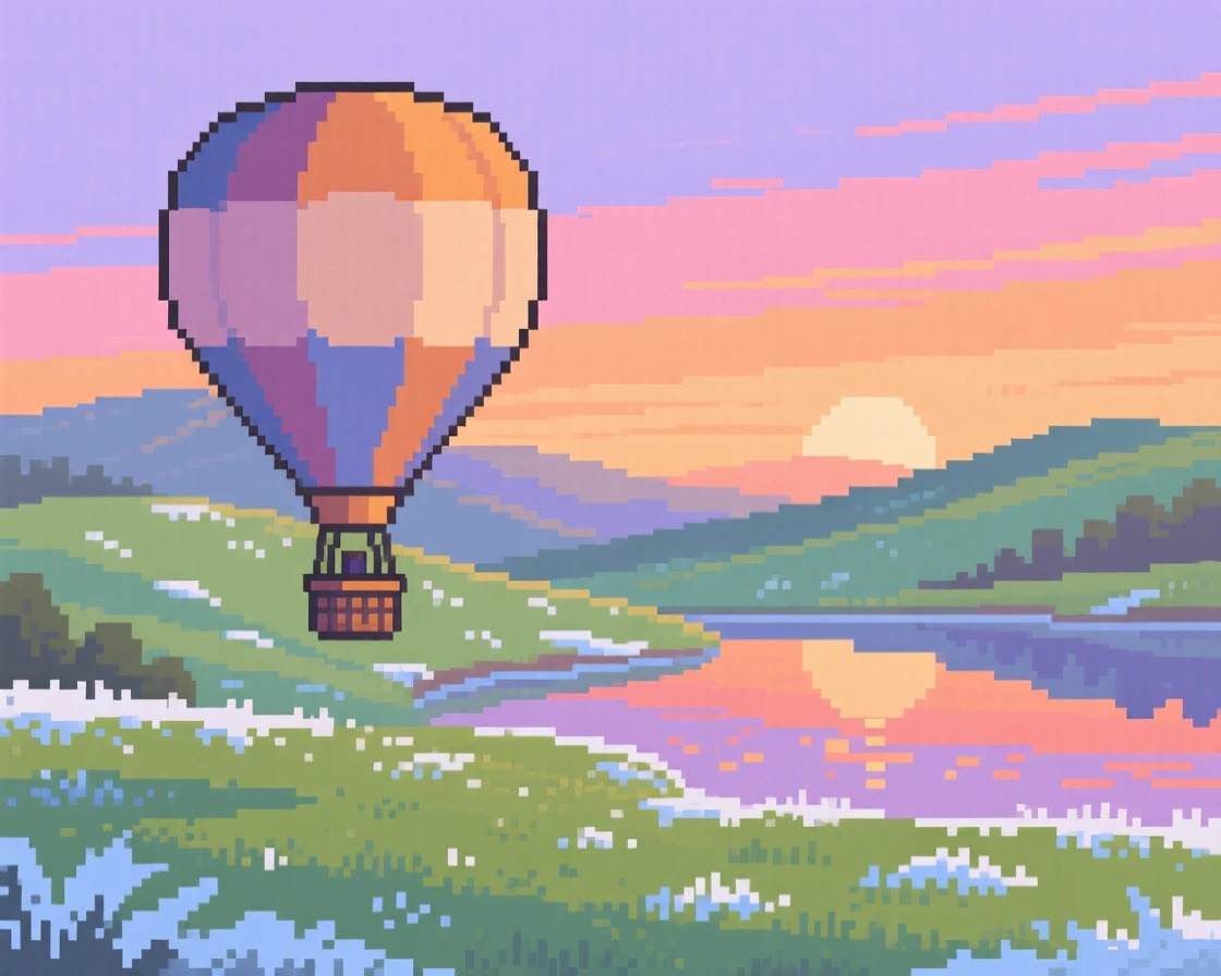 A hot air balloon over a spring valley dusted lightly with the season's first frost, beside a lake during a warm summer evening.