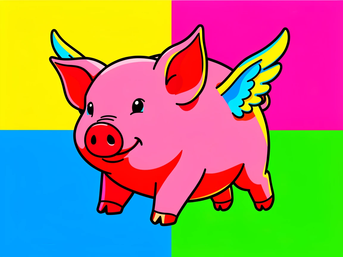 Pig flying with tiny cartoon wings