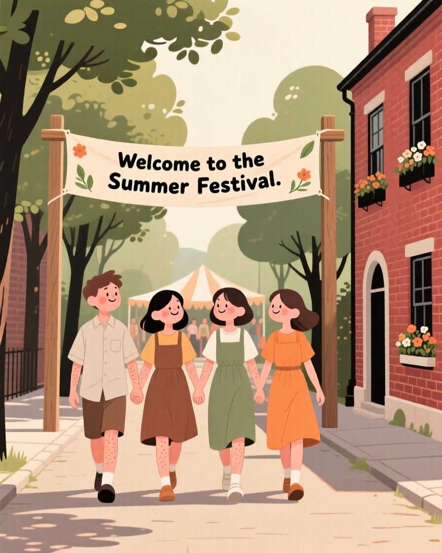 A group of friends link arms and walk down a tree-lined avenue lined with old brick buildings, heading toward a summer festival.