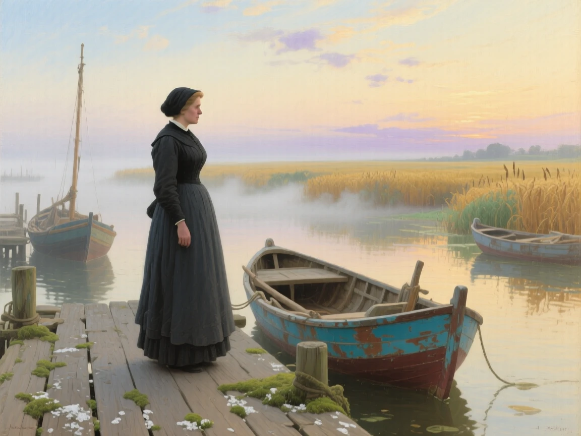 A well-framed scene of a widow standing alone at a quiet harbor, watching the horizon, in a light morning mist, during the summer harvest.