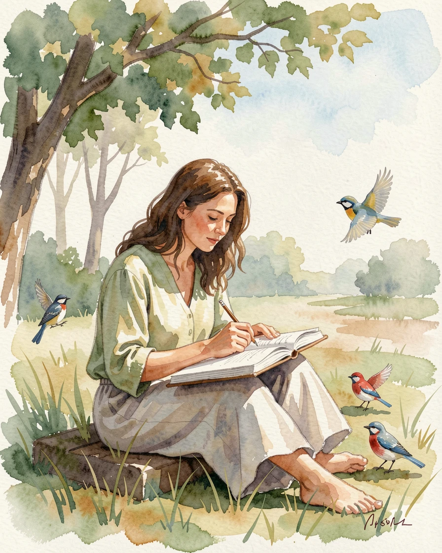A woman sketching birds in a nature journal on a calm weekend afternoon.