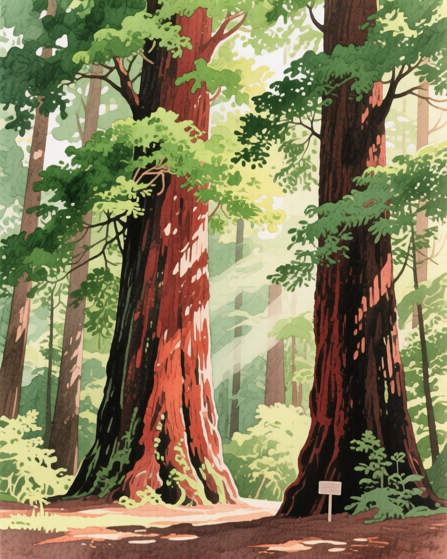 A dense redwood forest with towering ancient trees and soft light filtering through a thick green canopy