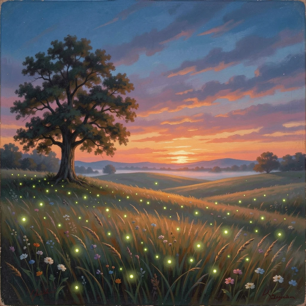 Fireflies rise over a summer field as the sun sets in the distance.
