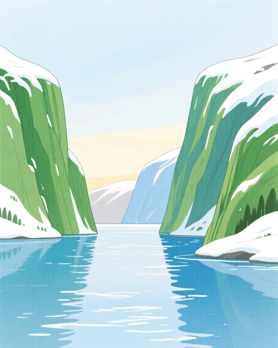 A panoramic scene of a quiet fjord between steep green cliffs under a blanket of winter snow.