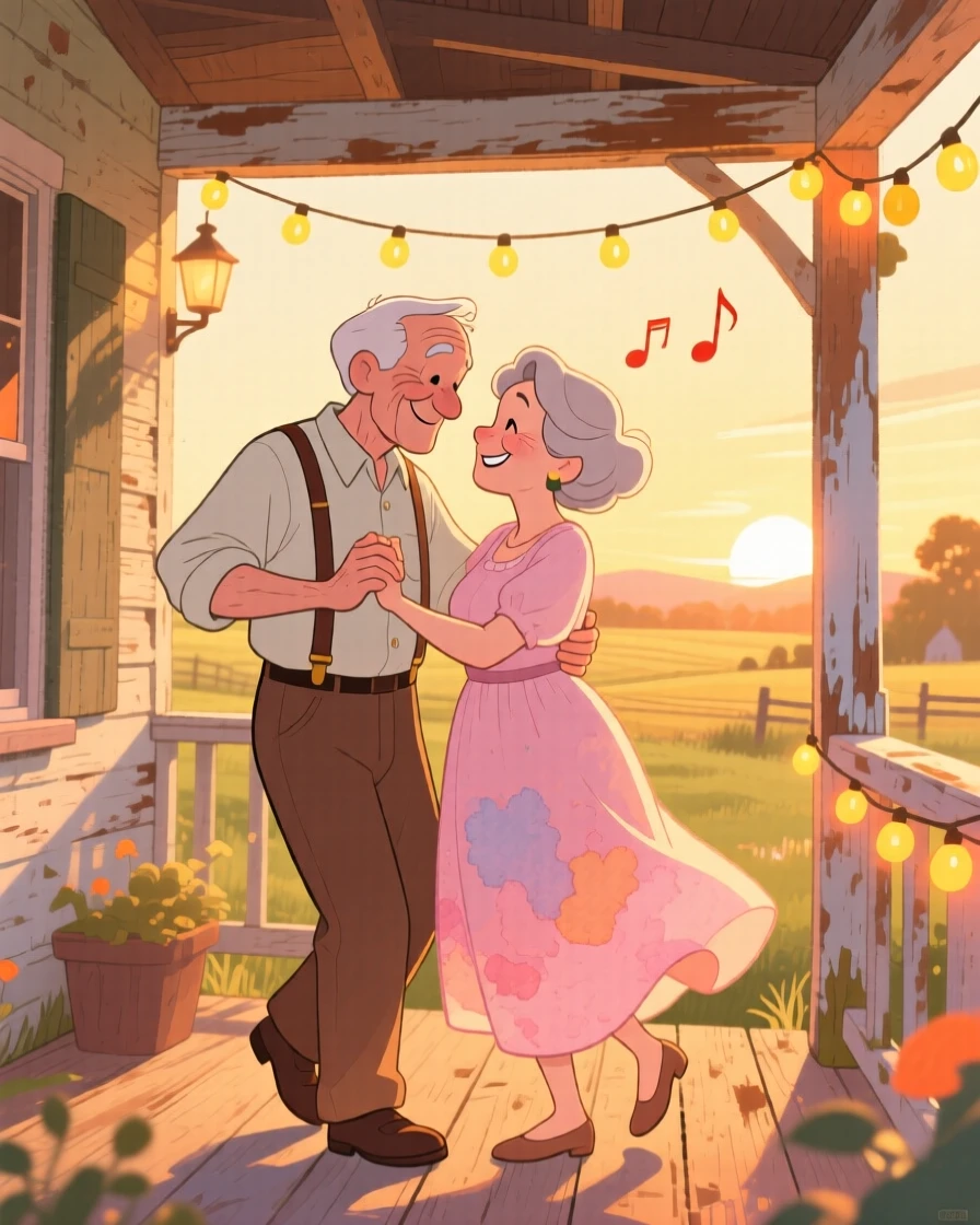 An elderly couple slow dancing on their porch at sunset, in a rustic country porch strung with lights, with warm golden hour lighting, enduring love after a lifetime together.
