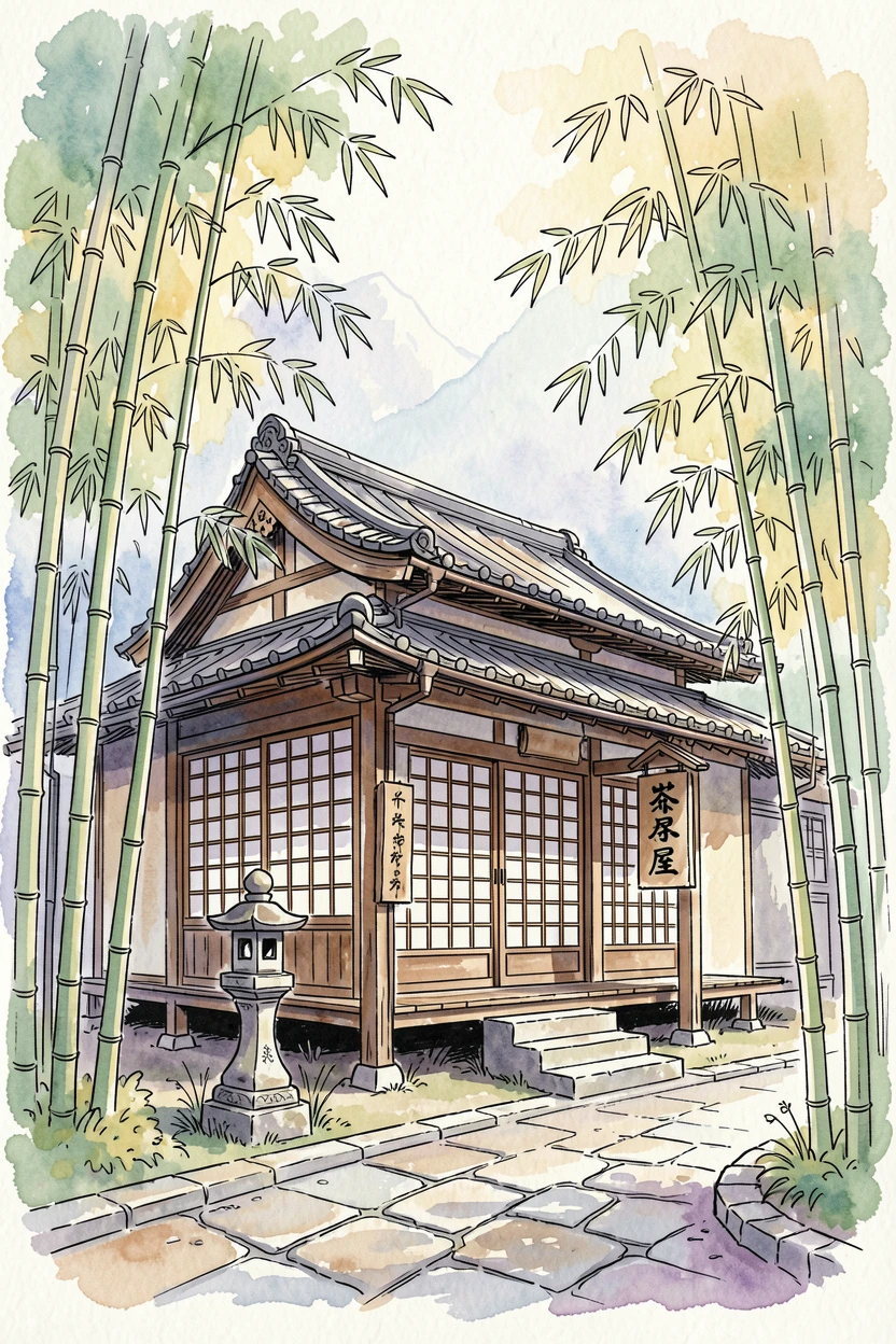 A traditional teahouse nestled among bamboo groves in the mountains, the streets quiet in the soft light of early morning.