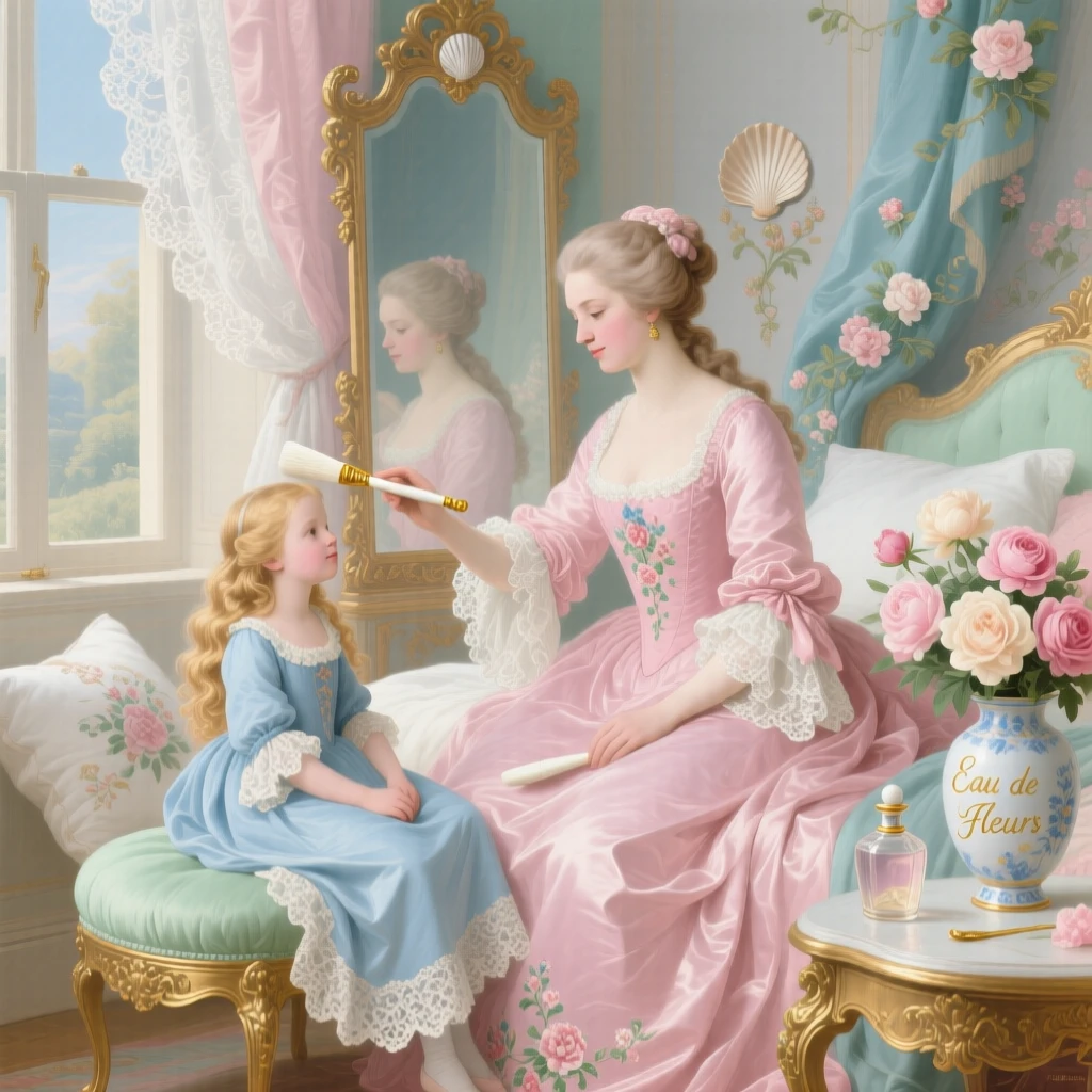 A mother brushing her daughter’s hair before a tall mirror  