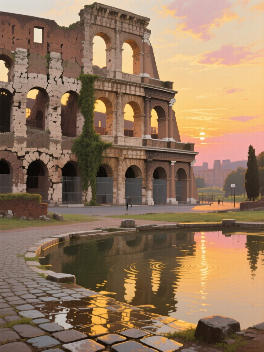 The ancient ruins of the Roman Colosseum bathed in golden sunset light, as reflections shimmer across nearby water or wet pavement, capturing the timeless beauty and character of a legendary destination